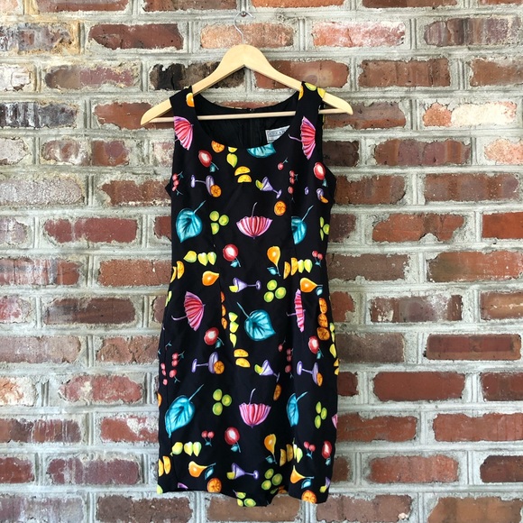 JESSICA HOWARD • Vintage Black Dress Neon Funky Fruit and Cocktail Pattern - Picture 13 of 14